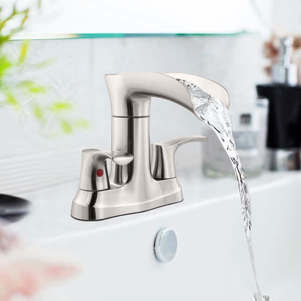 4 in. Centerset Double Handle Waterfall Bathroom Faucet with Pop-Up Drain Included in Brushed Nickel