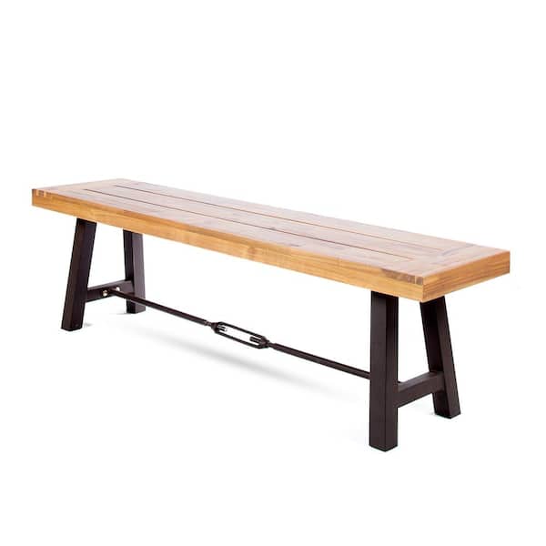 63 in. Teak Brown Wood and Metal Outdoor Patio Dining Bench