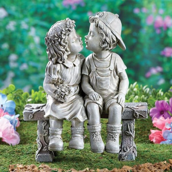 Puppy Love, Kissing Couple Garden Sculpture, 8 1/4