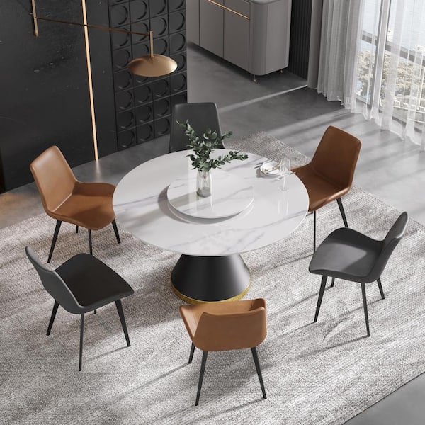 63 in. White Rectangle Round Edge Sintered Stone Top Pedestal Black Metal Base Dining Table (Seats-6)