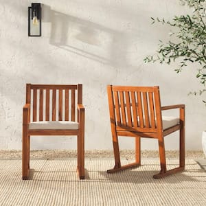 Contemporary Design Solid Acacia Wood Outdoor Dining Chair with Slat-Back in Upholstered Olefin Beige Cushions (2-Pack)