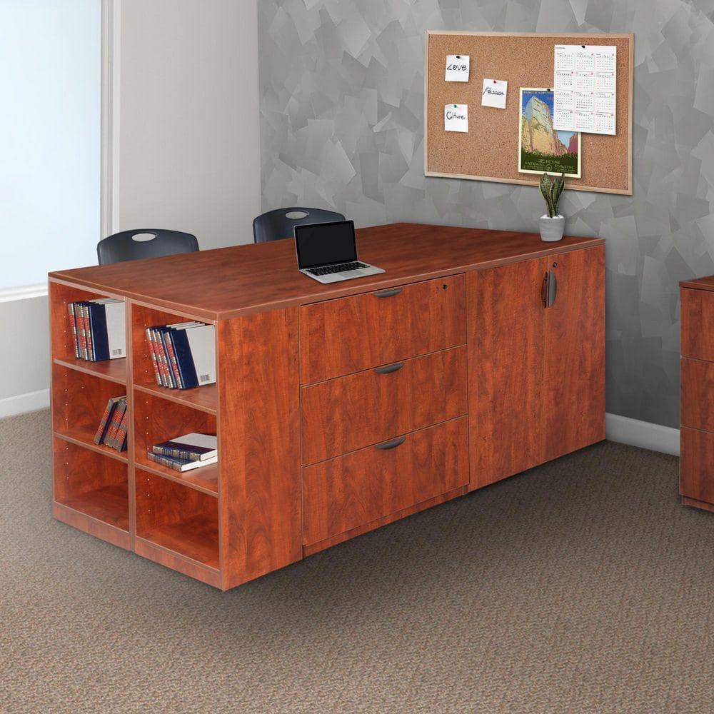 Legacy 85 in. Cherry Stand Up 2 Desk / Storage Cabinet/ Lateral File Quad with Bookcase End