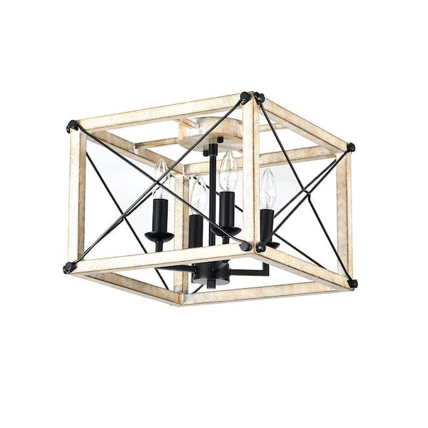 Unbranded 14.6 in. W 4-Light Farmhouse Beige Rectangular Metal Frame Candlestick Flush Mount Ceiling Light with Faux Wood Finish