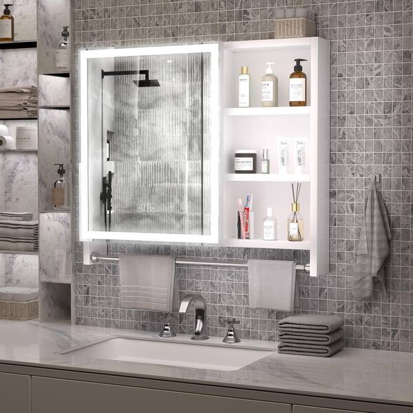 WELLFOR 31.5-in x 27.56-in Lighted LED Fog Free Surface Mount White Mirrored Soft Close Medicine Cabinet