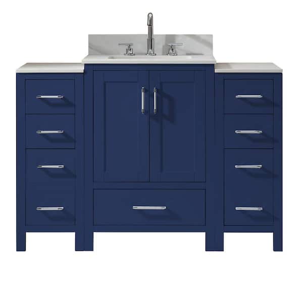 FORCLOVER 48 in. W x 22 in. D x 34 in. H Undermount Single Sink Freestanding Bath Vanity in Navy Blue with White Engineer Top