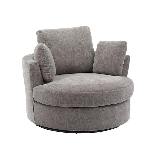 Unbranded 42 in. Gray Chenille 360° Swivel Barrel Chair with 3 Pillows