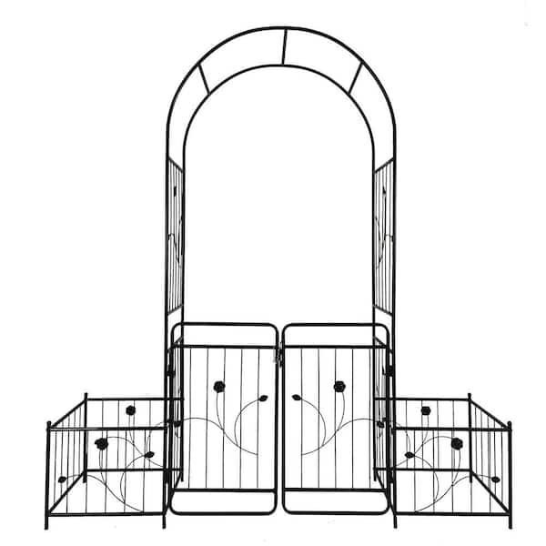 Metal Garden Arch with Gate 79.5 in. Wide x 86.6 in. High Climbing Plants Support Rose Arch Outdoor Black