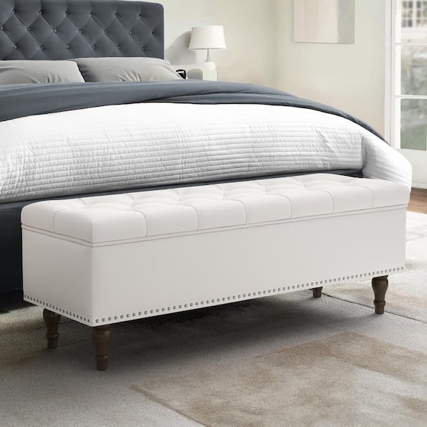 LUE BONA White Fabric Ottoman 50.8 in. x 17.1 in. x 18.3 in Bench For Bedroom End Of Bed