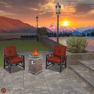 Zuba Dark Gold 3-Piece Cast Aluminum Patio Fire Pit in Brown Stone Exterior Seating Set with Chili Red Cushion for Yard