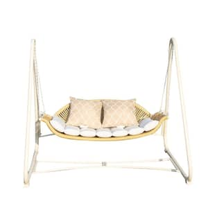 White Metal Oversized Patio Swing Hammock Chair with Thickened Cushions and Pillow for Porch, Backyard, Garden