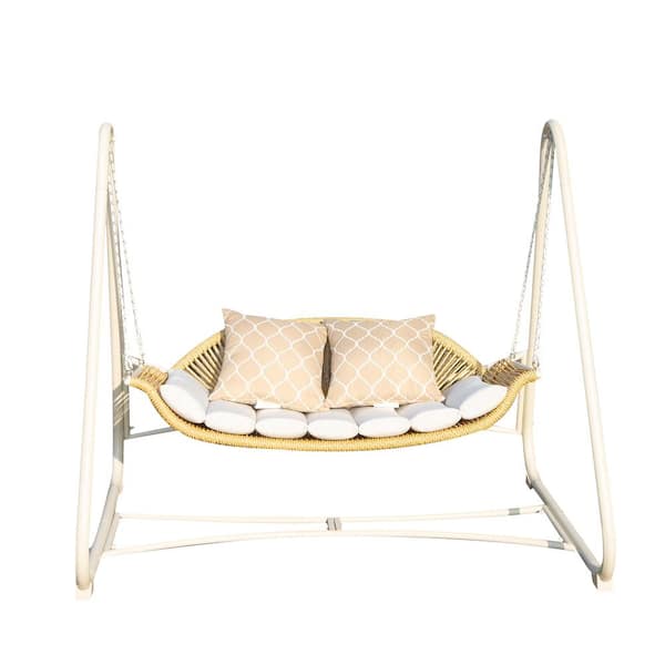 Zeus & Ruta White Metal Oversized Patio Swing Hammock Chair with Thickened Cushions and Pillow for Porch, Backyard, Garden