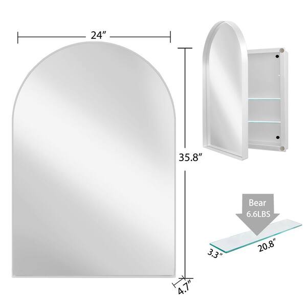FORCLOVER 24 in. W x 36 in. H Arched Medicine Cabinet with Mirror and Adjustable Shelves Recessed or Surface Mount in White