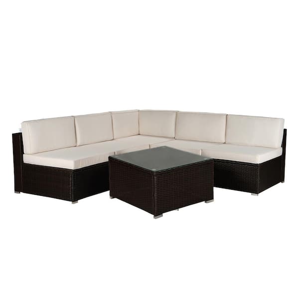 Willit Brown 6-Piece Wicker Patio Conversation Sectional Seating Set with Beige Cushions