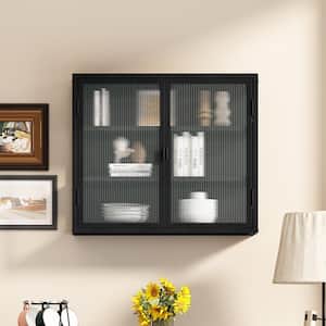 27 in.  x 9 in. x 23 in. Modern Bathroom Storage Wall Cabinet Iron and Tempered Glass Framed 3-Tier Cabinet in Black
