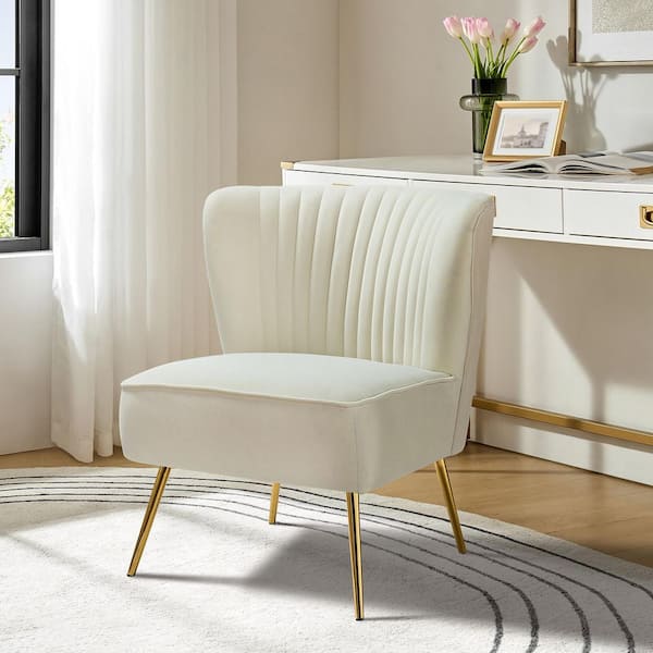 Monica Modern Ivory Velvet Comfy Living Room Side Chair with Golden Metal Legs