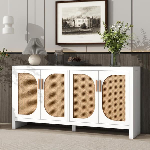 Harper & Bright Designs White Wood 59.1 in. Sideboard with Rattan Designed Doors and Adjustable Shelves