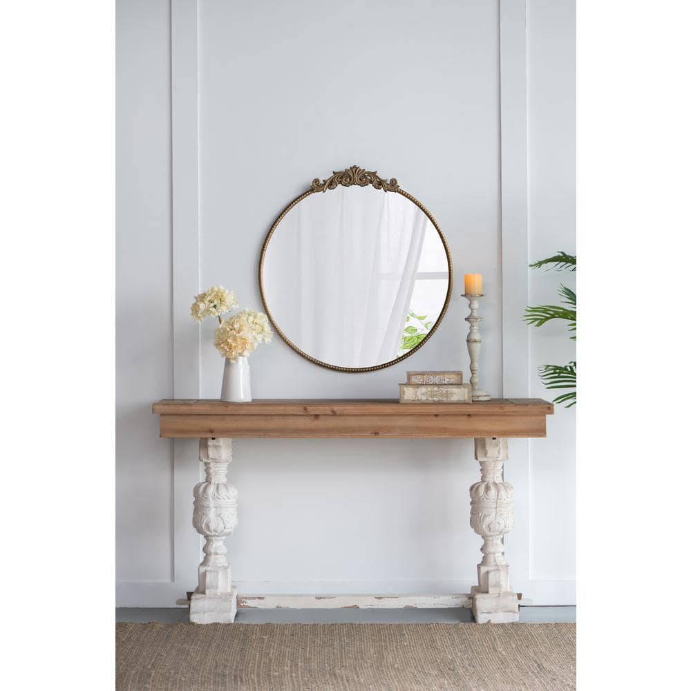 Round Gold Baroque-Inspired Mirror with Silver Detailing