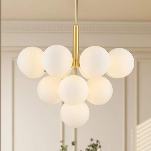 13-Light Brass Round Pendant Light Hanging Linear Chandelier Lighting with Glass Shade for Kitchen Island