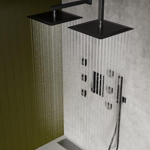 Thermostatic Valve 15-Spray 12 in. Ceiling Mount Dual Shower Head and Handheld Shower with 6-Jets in Matte Black