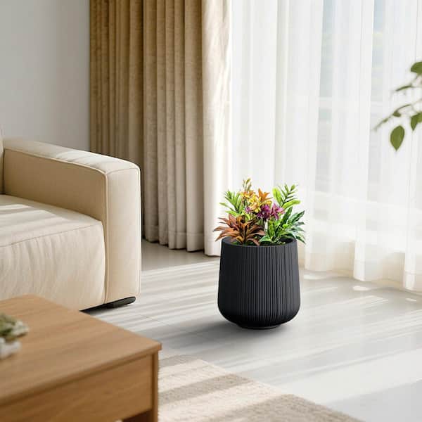 12 in. Medium Matte Black(Upgraded Interior) Concrete Tall Round Planter Pot Modern Fluted Plant Pot with Drainage Holes