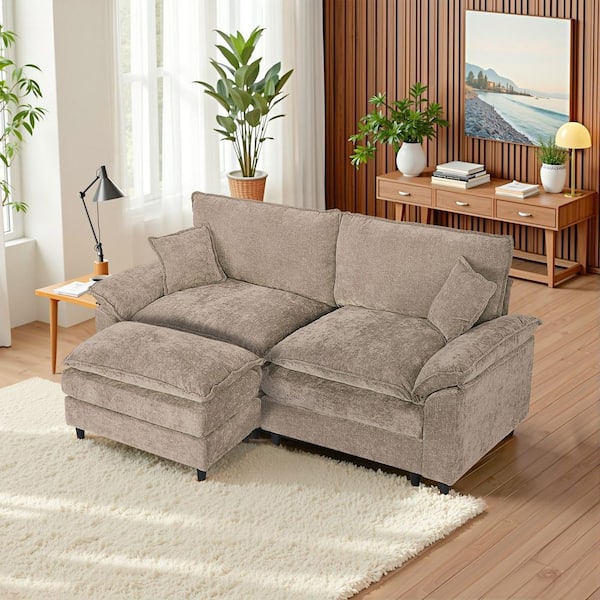 Comfy 82.68 in. Pillowed Armrest Chenille 2 Seat Loveseat with Ottoman and Pillows Sectional Sofa in Camel