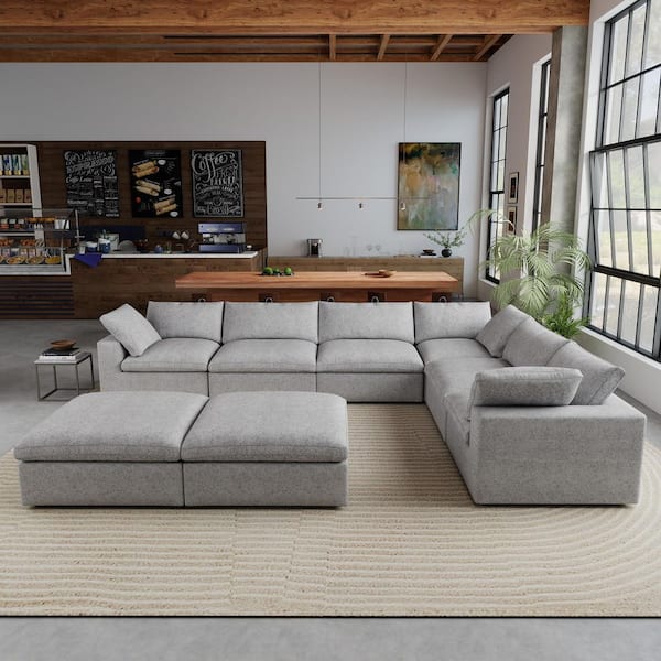 157.32 in. W Square Arm 8-Piece Linen Down Feather Modular Free Combination Sectional Sofa with Storage Ottoman in Gray