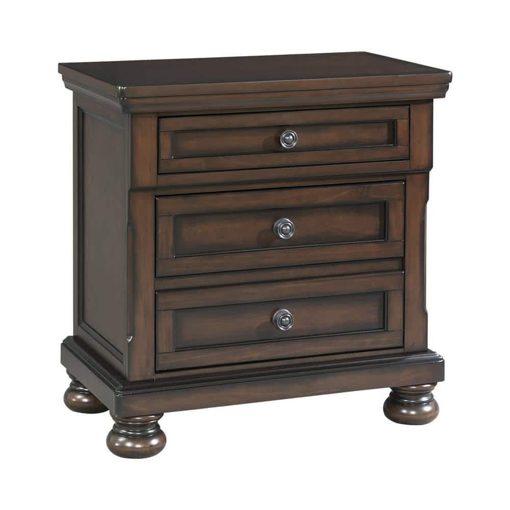 Walnut 3-Drawer Nightstand with USB Ports and Bun Feet