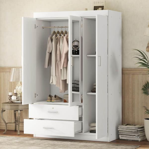 Polibi White Plywood 41.3 in. Wardrobe with 3-Door Mirror and
