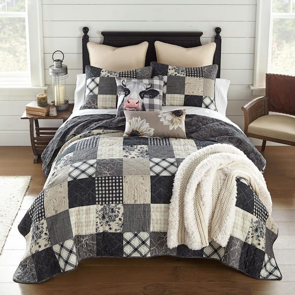 Augusta 3-Piece Black and Beige Cotton King Quilt Set