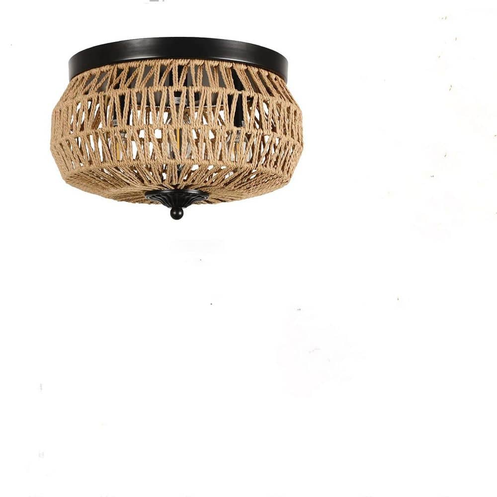 12.6 in. 3-Light Woven Rattan Transitional Flush Mount Ceiling Light with H