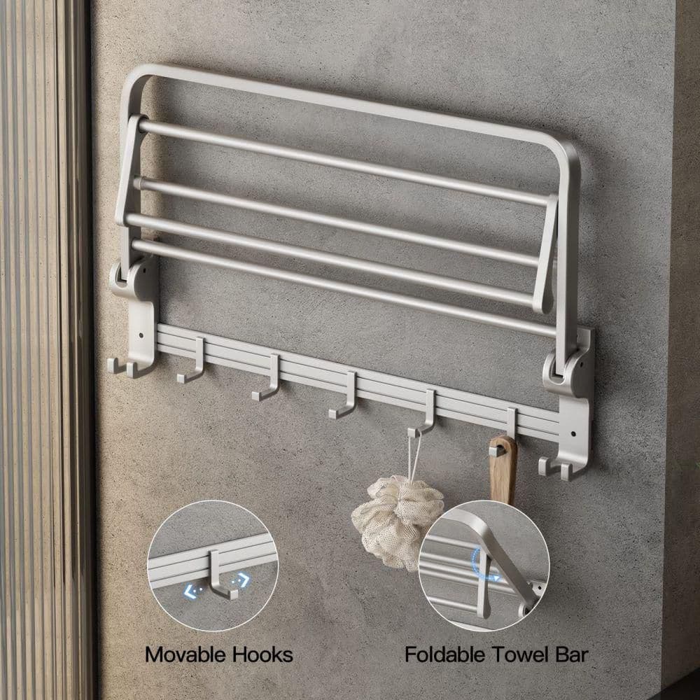 Silver Wall-Mounted Foldable Towel Rack with Hooks