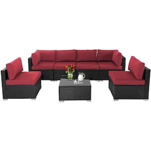 Black Brown 7-Piece Wicker Outdoor Sectional Set with Red Cushions