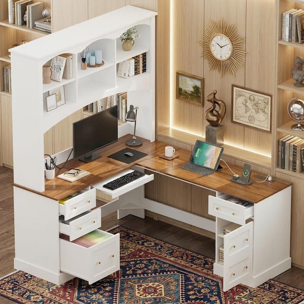 68.9 in. Farmhouse L-Shaped White 4-Drawer Home Office Computer Writing Desk with Keyboard Tray, Charging Stations