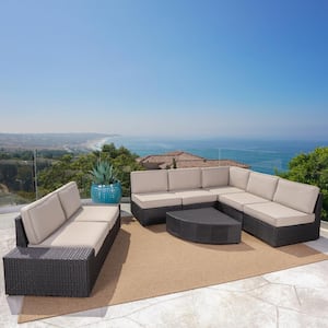 Dark Brown 8-Piece Wicker Outdoor Sectional and Table Set with Beige Cushions