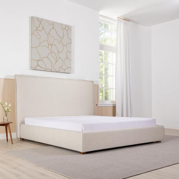 Keaton Beige Solid Pine Frame King Platform Bed with Linen Blend Upholstery and Tall Foam Headboard