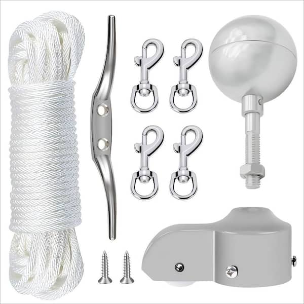 Flagpole Hardware Repair Parts Kit with Halyard Rope, Silver Ball, Zinc Alloy Cleat, Swivel Snap Clip and Flagpole Truck