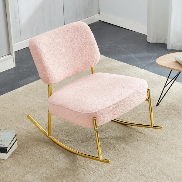 Unbranded Metal Outdoor Rocking Chair with Pink Teddy Suede Material Cushion, with Backrest and Golden Metal Legs