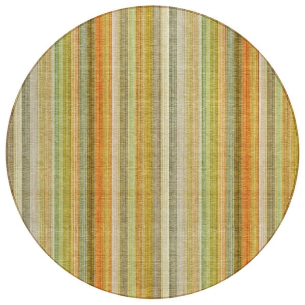 Tan Orange and Green 8 ft. Round Woven Striped Round Indoor/Outdoor Area Rug