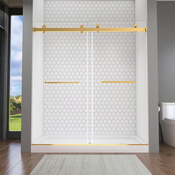 72 in. W x 76 in. H Double Sliding Frameless Alcove Bypass Glass Shower Door in Brushed Gold 5/16 in. Clear Glass
