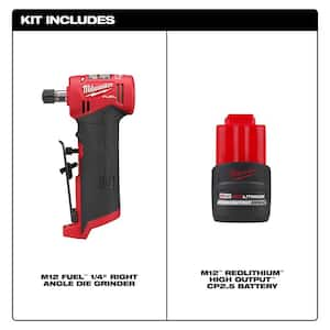 Milwaukee M12 FUEL 12V Lithium Ion Brushless Cordless 1 4 in. Right Angle Die Grinder w CP High Output 2.5 Ah Battery Pack 2485 20 48 11 2425 The Home Depot