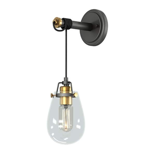 1-Light Black and Antique Gold Indoor Wall Sconce with Wire and Clear Glass Shade