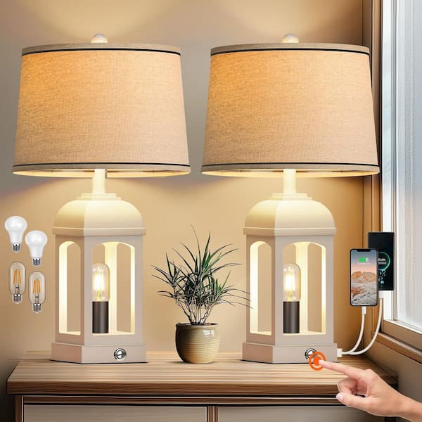 Ltemziiy 24 in. Oatmeal Touch Control Coastal Farmhouse Table Lamp (Set of 2) with 3-Color Temperature LED Bulbs, Rotary Switch
