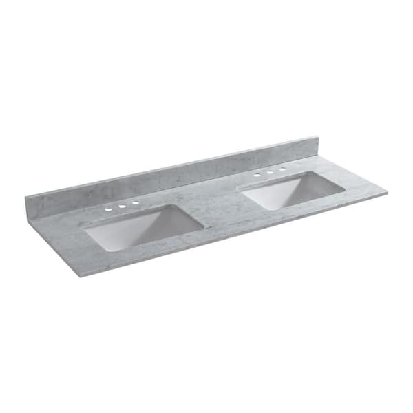 Basildon 61 in. W x 22 in. D Double Basin Carrara Marble Vanity Top in Carrara White with White Vitreous China Basins Basildon 61 in. W x 22 in. D Double Basin Carrara Marble Vanity Top in Carrara White with White Vitreous China Basins