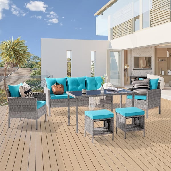 Sonkuki 6-Piece Patio Sofa Set PE Wicker with Tempered Table and Ottoman, Lake Blue Cushion