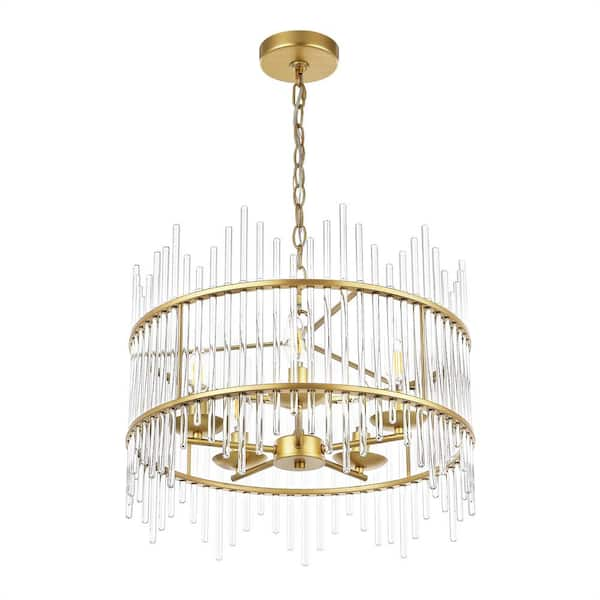 WINGBO 5-Light Gold Pendant Light Fixture with Glass Pillar Lampshade