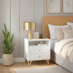 2-Drawer White Nightstands with Metal Legs and Open Shelf, Side Table Bedside Table 15.7 in. D x 19.6 in. W x 21.6 in. H