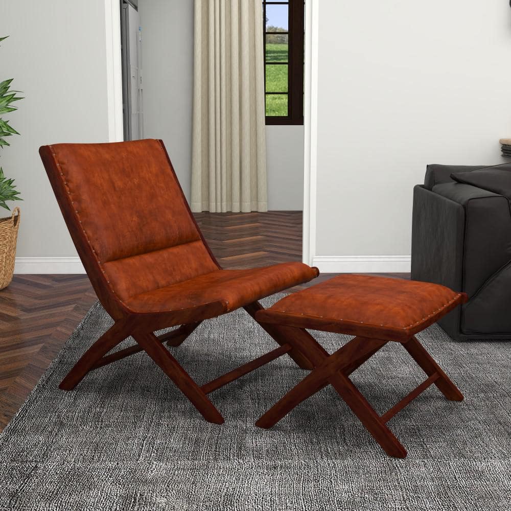 Set of 2 Brown Teak Wood Leather Accent Chairs with Ottoman