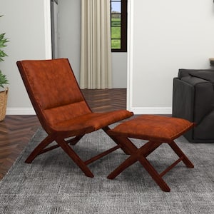 Brown Upholstered Leather Teak Wood Accent Chair with Ottoman