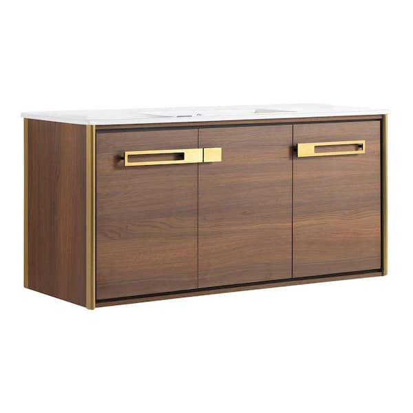 FINE FIXTURES Oakville 48 in. W x 18 in. D x 23.25 in. H Wall Mounted Bathroom Vanity in Brown with White Ceramic Sink Top