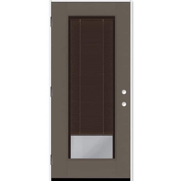 Legacy 28 in. x 77 in. Full Lite Clear Glass Mocha Miniblind RHOS Kindling Fiberglass Prehung Door w/4-9/16 in. Jamb